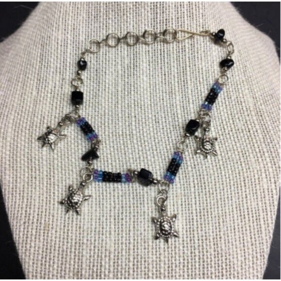 Vintage Jewelry - Turtle Anklet Ankle Bracelet 10 In Silver Charm Blue Purple Black Retro Vintage
